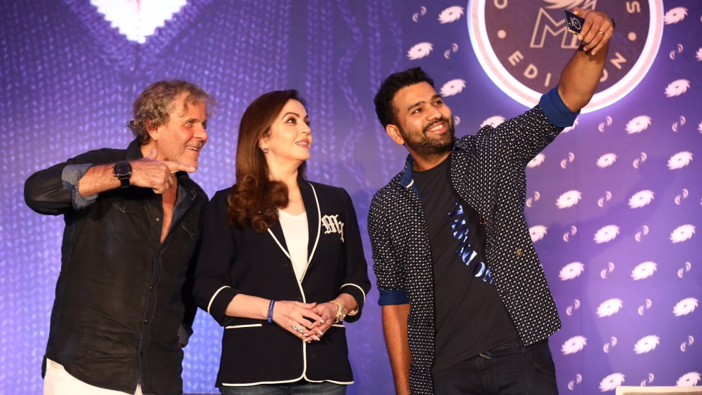 Renzo Rosso, Nita Ambani and Rohit Sharma of the Mumbai Indians.