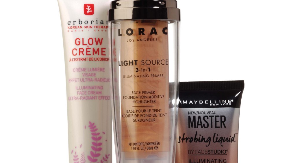 FACE FORWARD Multifunctional products add luminosity. Erborian Glow Crème, $39; Lorac Light Source Illuminating 3-in-1 Primer in Dusk, $35; Maybelline New York Face Studio Master Strobing Liquid Illuminating Highlighter in Medium, $9.99; Givenchy Mémoire de Forme Highlighter in Pink Ink, $45.