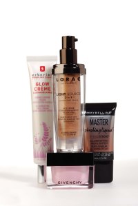 FACE FORWARD Multifunctional products add luminosity. Erborian Glow Crème, $39; Lorac Light Source Illuminating 3-in-1 Primer in Dusk, $35; Maybelline New York Face Studio Master Strobing Liquid Illuminating Highlighter in Medium, $9.99; Givenchy Mémoire de Forme Highlighter in Pink Ink, $45.