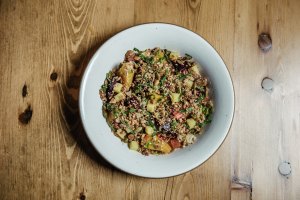 Grains salad, smoked chili aioli, fall vegetables and lemon