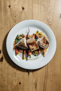 Organic chickeb breast,roasted carrots, and carrot hazelnut romesco