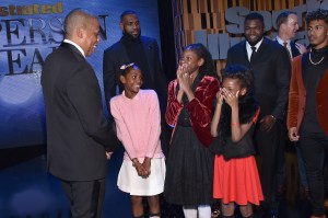 Jay Z and the SportsKids of the Year Track & Field Junior Olympians Brooke, Rainn, and Tai Sheppard.