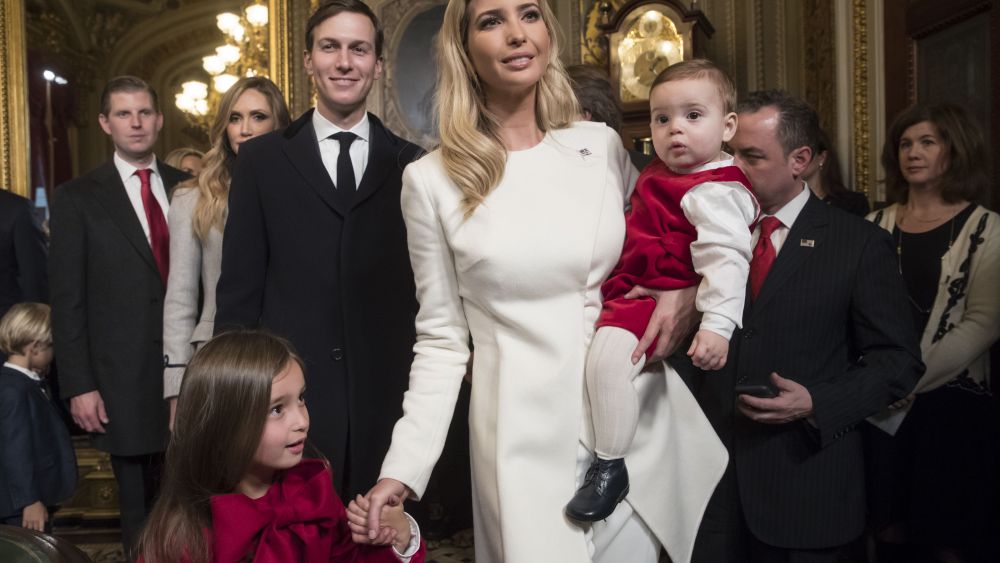 Trump Inauguration Gallery Ivanka Trump in Oscar de la Renta, Arabella Kushner in Petit Peony, Theodore James Kushner, and Jared Kushner
