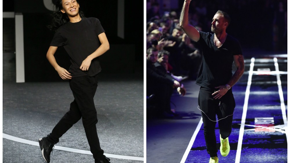 From left: Alex Wang takes hi bow in 2014 at his show with H&M; Philipp Plein takes a bow at the January 2017 Plein sport show.