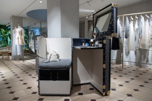 An exclusive logo canvas trunk in the Paris pop-up store.