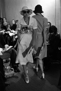 Nautical dress with hat and sunglasses from the Spring RTW 1974 collection of Emmanuelle Khanh, 1973.