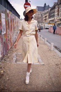 Cream shirt dress with matching hat from Emmanuelle Khanh's RTW Spring 1974 collection, 1973.