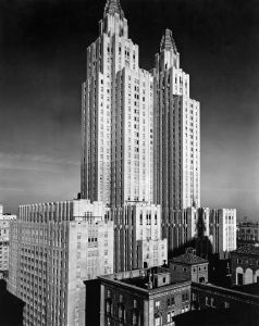 New York, New York: c. 1931 The Waldorf-Astoria Hotel and Towers rise into the sky in Midtown Manhattan. The hyphen was iconic, with savvy New Yorkers choosing to 'meet at the hyphen' for their rendevous.VARIOUS