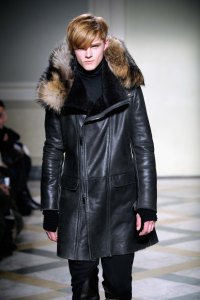 A model on the runway at Pringle of Scotland's fall 2011 menswear show.