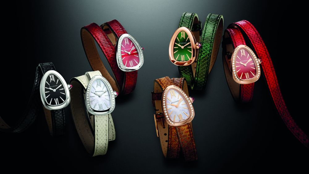 The new Bulgari Serpenti watch with interchangeable leather strap.