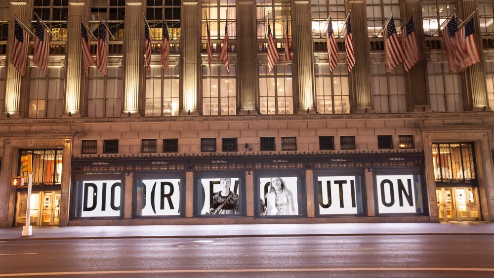 The Dior windows at Saks Fifth Avenue, highlighting the collaboration between the two companies.