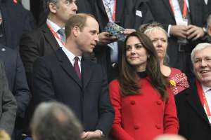 Prince William and the Duchess of Cambridge (in Carolina Herrera) at the France vs. Wales Six Nations Rugby match