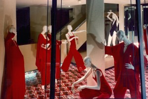 The designer’s Savage Suit swimwear displayed in Halston’s Madison Avenue store windows in 1976