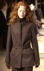 A model sports a brown suit for Hermes fall-winter 2002/2003 ready-to-wear collection presented in Paris