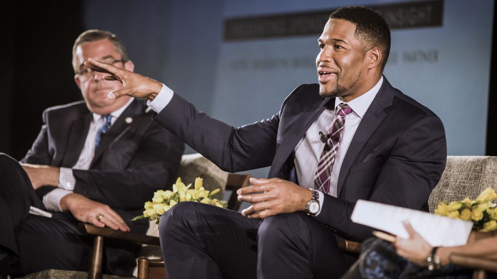 From L to R: James Starke, Senior Vice President, Senior General Merchandise Manager, Men's & Children's Apparel, JCPenney. Michael Strahan, Chief Executive Officer, Collection by Michael Strahan, Co-Host, Good Morning America, and Analyst, Fox NFL Sunday.Jean Palmieri, Senior Editor, Men's, WWD.WWD Men's Wear Summit, New York, USA - 21 Mar 2017