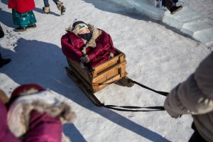 A baby is pulled in a small sled at the Lake Khovsgol Ice Festival in Khatgal, Mongolia, on March 3, 2017.