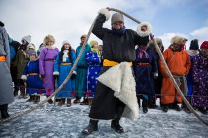 A man prepares to take part in a tug of war at the Lake Khovsgol Ice Festival in Khatgal, Mongolia, on March 3, 2017.
