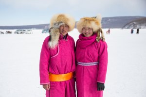 A couple stands for a portrait at the Lake Khovsgol Ice Festival in Khatgal, Mongolia, on March 3, 2017.