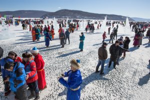 Men and women attend the Lake Khovsgol Ice Festival in Khatgal, Mongolia, on March 4, 2017.