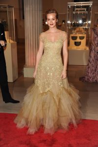 Leighton Meester attends the Metropolitan Museum of Artâ??s 2012 Costume Institute Gala featuring the debut of â??Schiaparelli and Prada: Impossible Conversations.â? Messing wears Kaufman Franco with Fred Leighton jewelry and Brian Atwood shoes.Met Costume Institute Gala 2012, New York