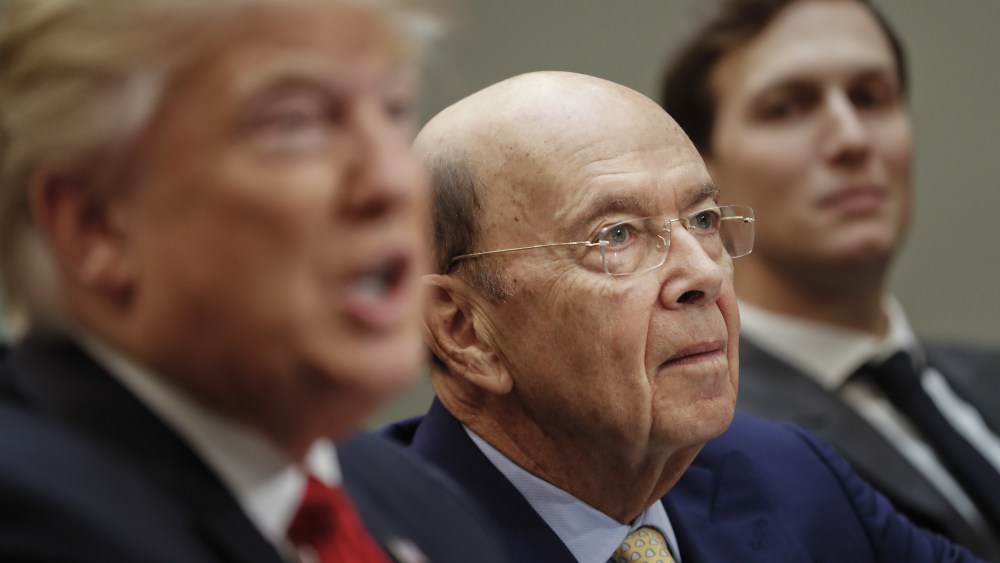 Copyright 2017 The Associated Press. All rights reserved. This material may not be published, broadcast, rewritten or redistributed without permission.Mandatory Credit: Photo by AP/REX/Shutterstock (8254381m)Donald Trump, Jared Kushner, Wilbur Ross Commerce Secretary-designate Wilbur Ross, center, listens to President Donald Trump during a meeting with House and Senate legislators in the Roosevelt Room of the White House in Washington, . At right is White House Senior Adviser Jared KushnerTrump, Washington, USA - 02 Feb 2017