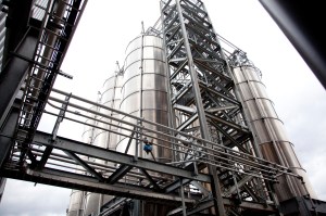 Silos of plastic bottles waiting to be processed.