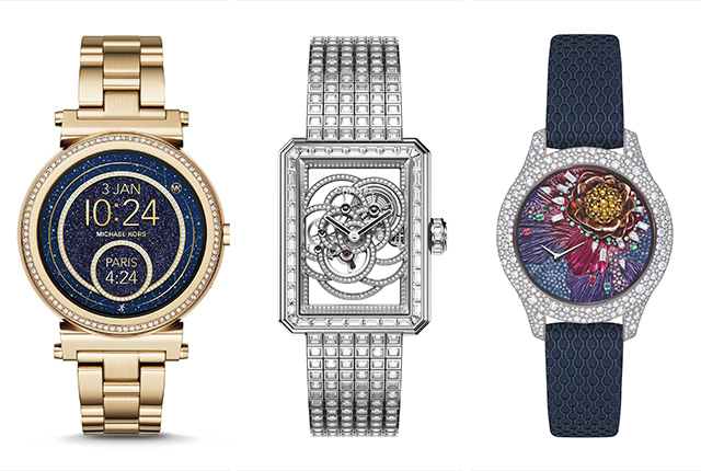The Michael Kors Sofie watch, the Chanel Premiere Camelia Skeleton watch, and the Dior Grand Sir Botanic watch.