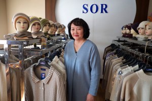 Erdenetuya Mangaljav, the general director of Sor Cashmere LLC, poses in her showroom. (Credit: Dene-Hern Chen)