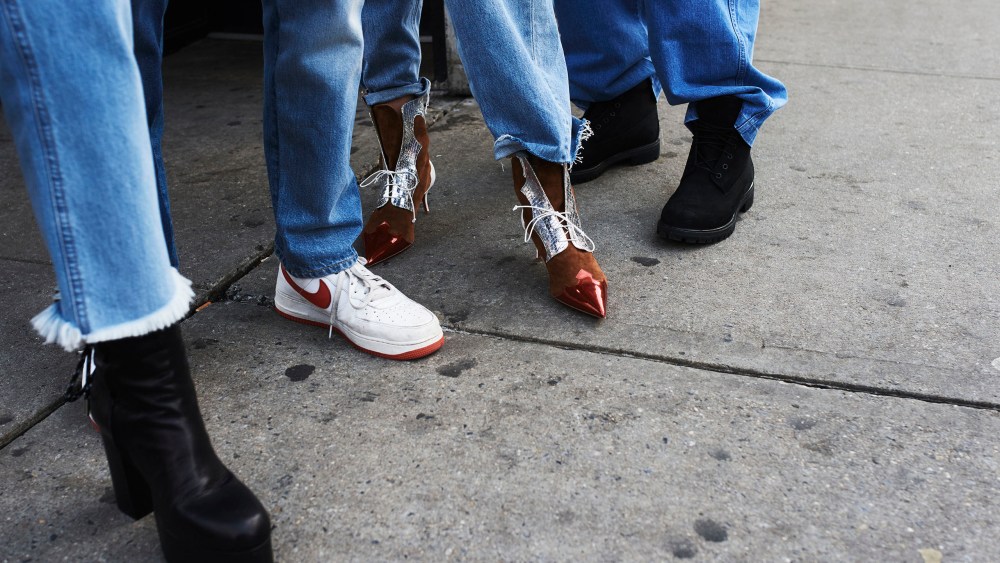 Denim x Alexander Wang cotton denim jeans and Christian Dada shoes. Gucci's cotton denim jeans with Nike sneakers. Levi's cotton denim jeans with Christian Louboutin shoes. Jnco's cotton denim jeans with Timberland boots.