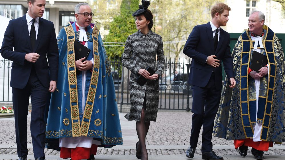 Prince William, the Duchess of Cambridge (in Missoni) and Prince Harry arrive after laying a wreath at Westminster Abbey in London.