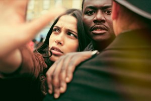 Freida Pinto as Jas Mitra and Babou Ceesay as Marcus in Guerrilla (Episode 1). Photo: Sky UK Limited/SHOWTIME