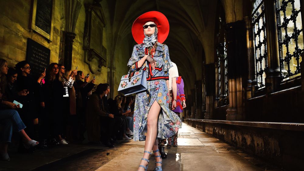 A model on the catwalk at the Gucci Cruise 2017 show, held in London’s Westminster Abbey.
