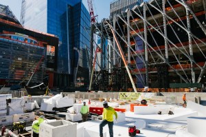 The Culture Shed [right] with 10 Hudson Yards [center] and the shopping center.﻿