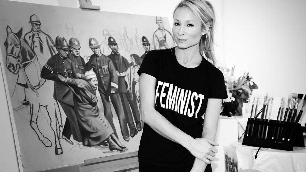 INDIRA CESARINE - with painting in progress "Arrested for Equality - An Ode To The Suffragettes" 2017, (Protest Series) to be featured in "She Inspires" Exhibition - The Untitled Space May 2017