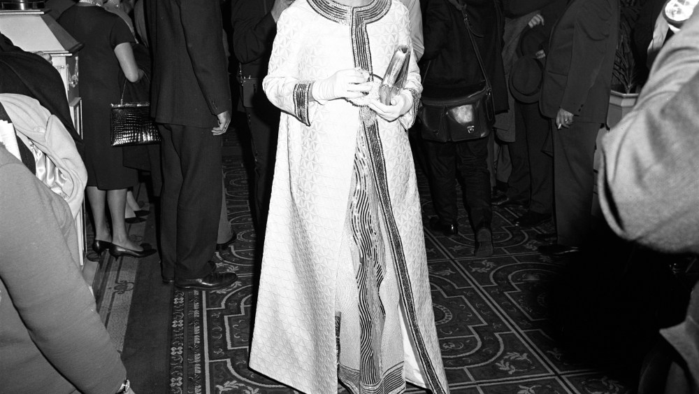Lee Radziwill arriving at Truman Capote's Black and White Ball in the Grand Ballroom at the Plaza Hotel in New York City