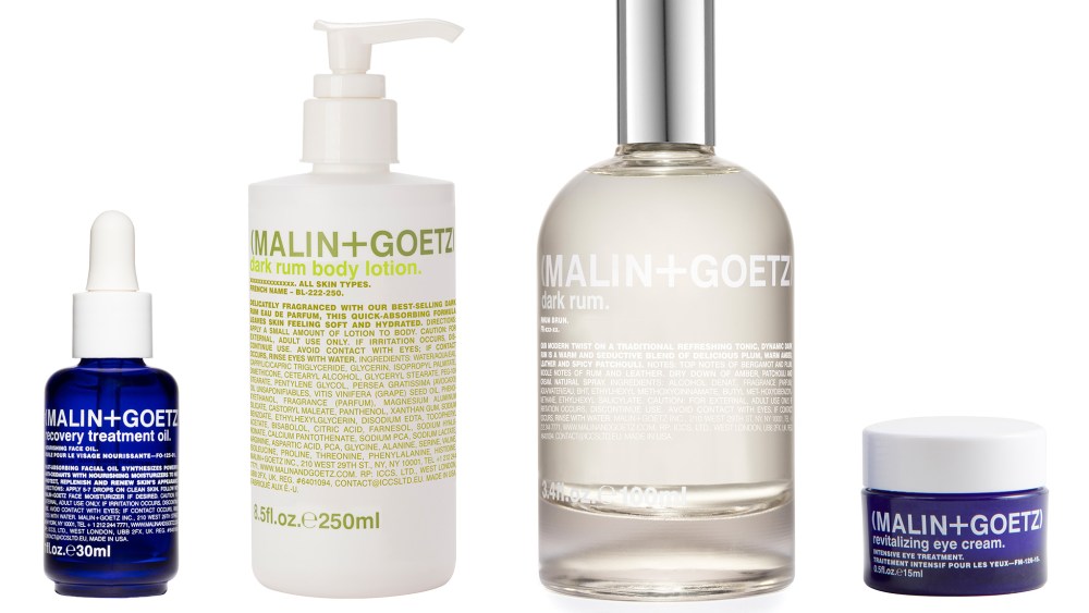 Malin + Goetz's Dark Rum Body Lotion, Dark Rum Eau de Parfum, Recovery Treatment Oil and Revitalizing Eye Cream.