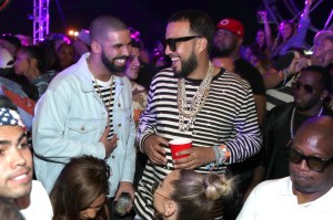 THERMAL, CA - APRIL 15:  Rappers Drake (L) and French Montana attend The Levi's Brand Presents NEON CARNIVAL with Tequila Don Julio on April 15, 2017 in Thermal, California.  (Photo by Jonathan Leibson/WireImage)
