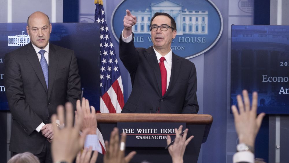 Gary Cohn and Steven MnuchinWhite House news conference with US Treasury Secretary Steven Mnuchin and National Economic Director Gary Cohn, Washington, USA - 26 Apr 2017US Treasury Secretary Steven Mnuchin (R) and National Economic Director Gary Cohn (L) participate in a news conference to discuss the tax reform plan of US President Donald J. Trump, in the James Brady Press Briefing Room at the White House in Washington, DC, USA, 26 April 2017.