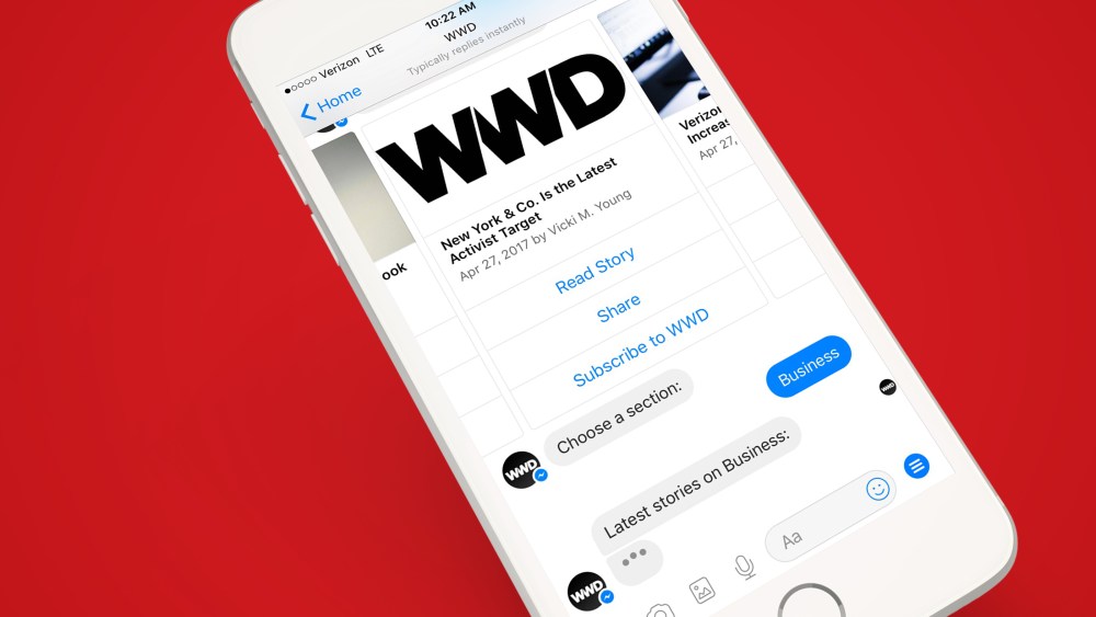 A rendering of WWD's Facebook Messenger chatbot.