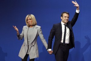 Emmanuel Macron and Brigitte TrogneuxFirst round of the French presidential elections 2017, Paris, France - 23 Apr 2017French presidential election candidate for the 'En Marche!' (Onwards!) political movement, Emmanuel Macron (R) celebrates with his wife Brigitte Trogneux (L) after the first round of the French presidential elections in Paris, France, 23 April 2017. Media reports that polling agencies projections place Macron and far-right Front National (FN) party candidate Marine Le-Pen in the lead positions for the vote. France will hold the second round of the presidential elections on 07 May 2017.