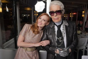 Jessica Chastain and Karl Lagerfeld at the Vanity Fair France and Chanel Dinner in Cannes