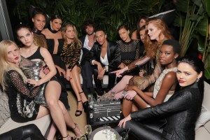 Group shot at the L'Oral Paris party during the 70th Cannes Film Festival: Lara Stone, Barbara Palvin, Cindy Bruna, Eva Longoria, Doutzen Kroes, Olivier Rousteing, Irina Shayk, Maria Borges and Kristina Bazan.