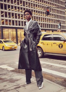 Mugler’s lambskin trenchcoat over Neil Barrett’s wool jumpsuit and Dries Van Noten’s cotton button-down (worn throughout). Zana Bayne belt (worn throughout); Manolo Blahnik boots (worn throughout); Elizabeth Kennedy earrings (worn throughout).