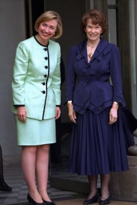 Hillary Clinton Mitterrand First lady Hillary Rodham Clinton and her French counterpart, Danielle Mitterrand, pose for photographers before a private meeting at the Elysee Palace in ParisCLINTON FRANCE, PARIS, France