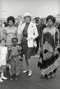 Claude Pompidou and wife of Togolese President Etienne Eyadema, right, at the airport in Lome, Togo onTogo Lome Mrs. Pompidou and Mrs. Eyadema, Lome, Togo