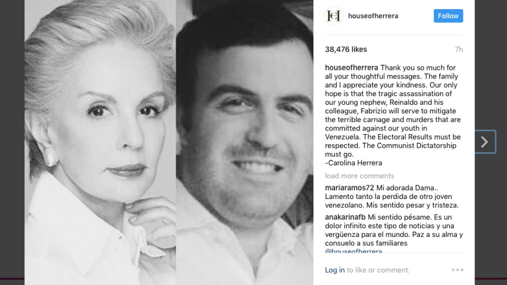 Carolina Herrera's Instagram post following her nephew's death.