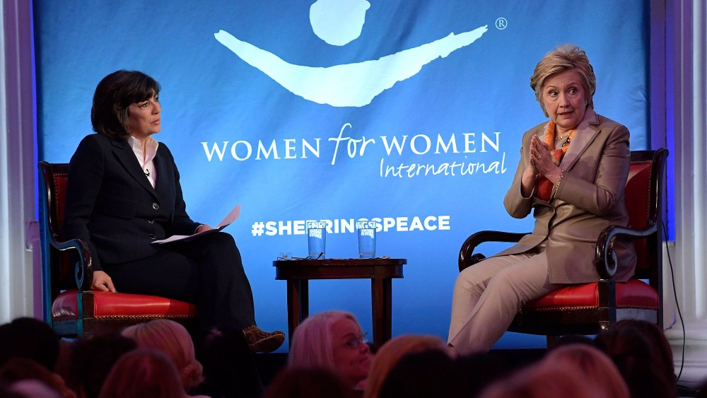 NEW YORK, NY - MAY 02:  Journalist Christiane Amanpour (L) and former United States Secretary of State Hillary Clinton speak during The Women For Women International's Luncheon at 583 Park Avenue on May 2, 2017 in New York City.  (Photo by Ben Gabbe/Getty Images) *** Local Caption *** Christiane Amanpour; Hillary Clinton
