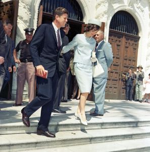 KENNEDY U.S. President John F. Kennedy and his wife Jacqueline Kennedy leaving church after Easter services at St. Edwards Catholic Church in Palm Beach, Florida onKENNEDY FAMILY, PALM BEACH, USA