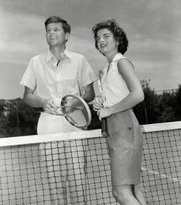 John F. Kennedy, Jacqueline Bouvier U.S. Senator John F. Kennedy (D-Mass) and his fiancée Miss Jacqueline Bouvier, 23, smile happily as they prepare for a game of tennis at the Kennedy residence at Hyannis, Massachusetts, where they are spending the week-end. Miss Bouvier is from Newport, R.I., and McLean, W. Va. The couple's engagement was announced on TuesdayJohn F. Kennedy and Jacqueline Bouvier, Hyannis, USA