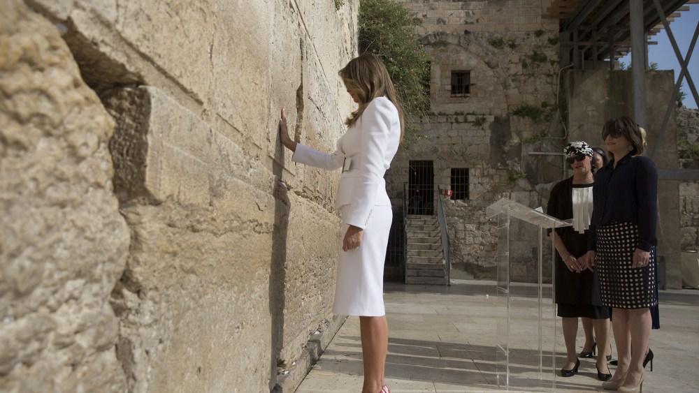 Melania TrumpUS President Trump in Israel, Jerusalem - 22 May 2017US First Lady Melania Trump touches the Western Wall, Judaism's holiest prayer site, in Jerusalem's Old City, 22 May 2017. President Trump and his contingent arrived for a 28-hour visit to Israel and the Palestinian Authority areas on his first foreign trip since taking office in January.